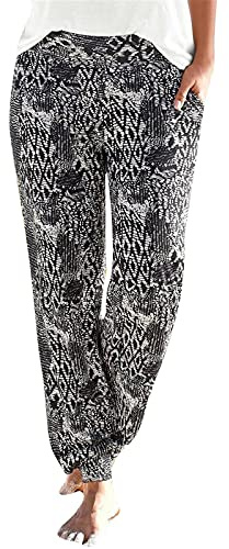 Summer Boho Women's Trousers - UK 2024 Beach Lounge Pants with Vintage Floral Print Linen Fabric, Elasticated Waist, Drawstring, Baggy Harem Hippie Style with Pockets