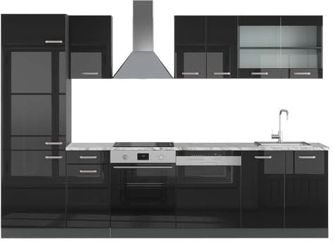 Vicco Küchenzeile R-Line, Schwarz Hochglanz/Anthrazit, 300 cm, AP Marmor