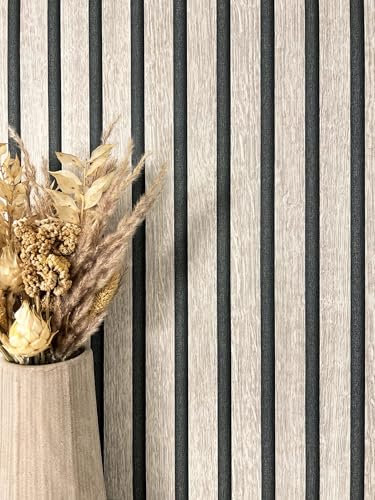 NEWROOM Tapete Grau Vliestapete Paneele - Holzwandpaneele Skandinavisch Schwarz Lamelle Streifen Wandpaneele Streifen Holzpaneele Wandverkleidung inkl. Tapezier-Ratgeber