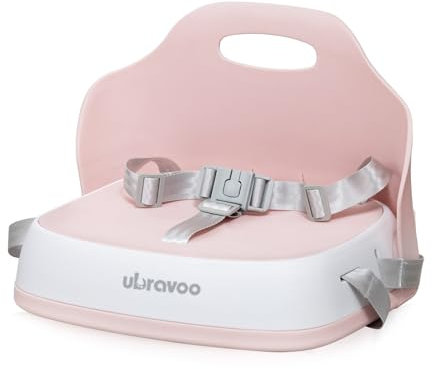 UBRAVOO Tragbarer Sitzerhöhung stuhl kind zum Essen, Reisehochstuhl mit 3-Punkt-Gurt und 2 verstellbaren Gurten, waschbarer Baby-Essstuhl ab 6 Monaten zum Aufsitzen (Pink)
