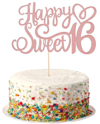 Glittery 16th Happy Birthday Cake Topper, Rose Gold Glitter 16 & Fabulous Sweet Birthday Cake Pick Cheers to 1 6 Years Birthdays Cakes Decoration for Celebrating Party Anniversary Decor