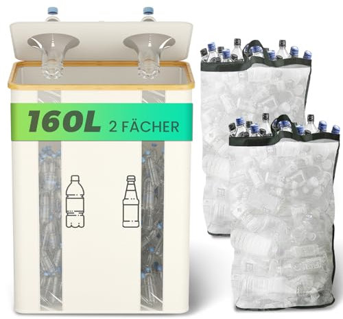 MidingChai 160L Pfandflaschen Sammelbehälter 2 Fächer Visualisierung, Pfandflaschen Behälter mit Deckel, Altglas Aufbewahrung & Leergut Sammelbehälter, Pfanddosen Sammelbehälte für Küche, Beige Weiß