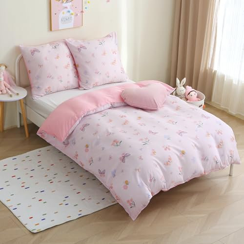 FEKOHIPY Housse de Couette Papillon 140x200 cm + 2 taies d'oreiller 65x65 cm en Microfibre 3 Pièces Parure de Lit Enfant Cadeau Anniversaire Fête Noël Fille Rose Papillons et Fleurs