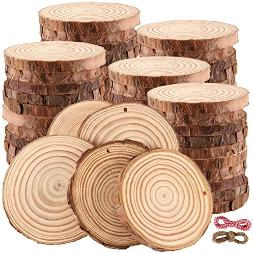 HEIYUET 50 Stück 10cm Holzscheiben mit Loch und Juteschnur, Baumscheiben Rund Klein, unlackierte Holzkreise Holz Log Scheiben für Bastelarbeiten, Ornamente, rustikale Hochzeitsdekoration