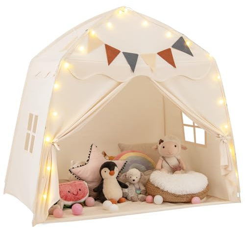 COSTWAY Tente de Jeux Enfant avec Guirlandes Lumineuses & Drapeaux, Cabane Enfant Interieure avec Fenêtres & Tissu Lavable, Style Princesse pour 3 Enfants de 3-12 Ans, 157x98x148cm (Beige)