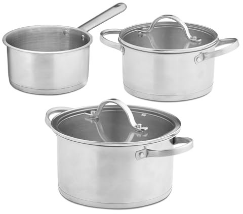 TIENDA EURASIA – Set 3 Cacerolas | Acero Inoxidable | Color Plata | 2 Tapas de Cristal Transparente | Medidas y Capacidad Cazo 16 cm 1.4L, Olla 18 cm 1.8L y Olla 20 cm 2.8L | Apto para Lavavajillas