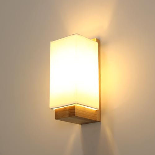Riserva Aplique Pared Interior Madera, E27 Lámpara de Pared Retro Tela Rectangular para Dormitorio, Salón, Comedor, Escalera, Hotel, Blanco