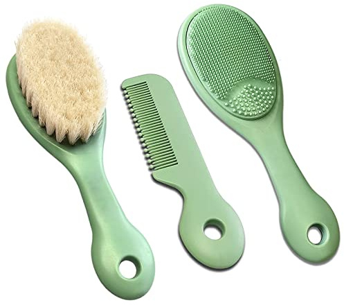 MolYuan 3PCS Baby Haarbürste und Kamm Set für Newborns & Toddlers- Soft Goat Bristle Hair Brush, Silicone Bath Brush and Baby Comb for Infant, Kids - Perfect Baby Registry Gift (Grün)