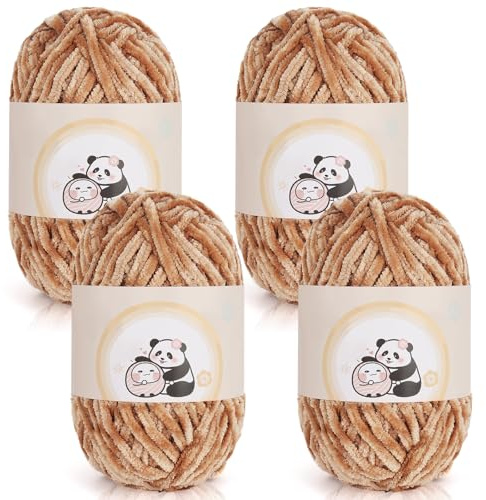Aeelike 400g Chenille Garn zum Stricken, Weich Chunky Chenille Fluffy Yarn, Flauschige Samt Velvet Chenille Wolle zum Häkeln, Warme Plüschwolle für Mützen, Schals, Decken, Hell Khaki