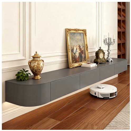 JUNFUNNLE Meuble TV de 300 cm, Gris, avec 2 tiroirs et Rabat, Montage Mural, Console multimédia avec canaux de câbles, entièrement monté