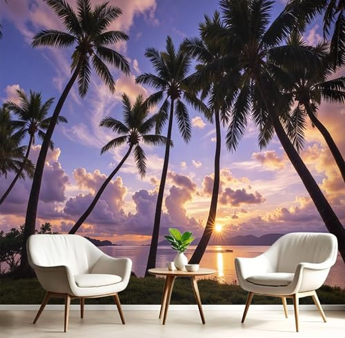 Tapete 3D Fototapete Tropische Insel 400X280Cm Wandtapete Wandbilder Sonnenuntergangslandschaft Druck Foto Tapeten Wanddekoration Für Wohnzimmer Schlafzimmer Lavendel Tapete Motivtapeten