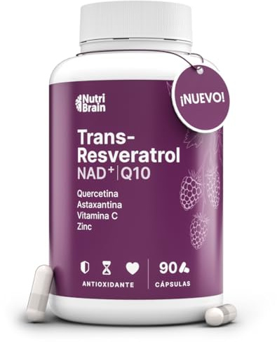 Trans-Resveratrol, NAD+, Coenzima Q10, Quercetina, Astaxantina, Vitamina C & Zinc | Antioxidante, Antiedad & Refuerza las Defensas | 90 Cápsulas | Fórmula Avanzada 7 Activos Sinérgicos | 3 Meses