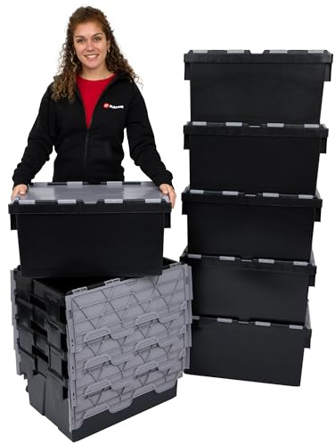 Pack of 10 - Plastic 55 Litre Heavy Duty Storage Box Tote Crates (60 x 40 x 30.6cm) Plastor Eco Black with Grey Attached Hinged Lids