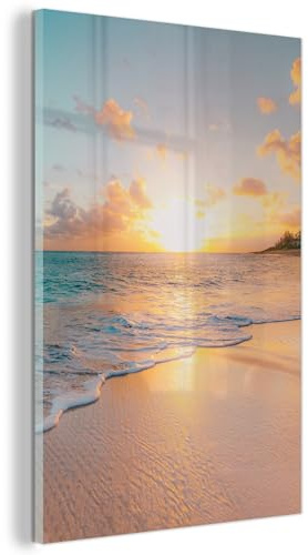 MuchoWow© Bild auf Glas Schlafzimmer Bilder Badezimmer Wand Deko Wohnzimmer | 40x60 cm - Modern Wanddeko Bilderwand Geschenk Sonnenuntergang - Strand - Meer - Sommer - Blau