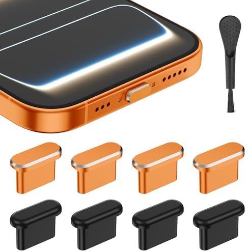AUZOSL USB C Staubschutz für iPhone 17/17 Pro, 4 Aluminium+4 Silikon | Schutzkappe Set mit Aufbewahrungsbox & Reinigungsbürstchen (Cosmic Orange)