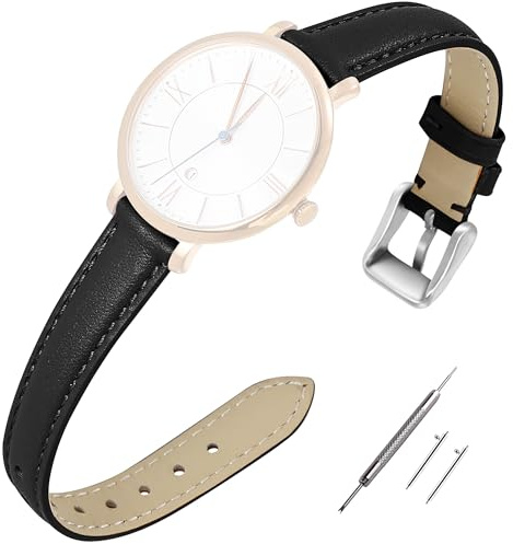 Top Grain Leder Uhrenarmband 14mm Schwarz für Damen, Schnellverschluss