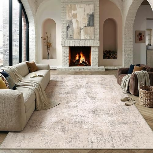 PureCozy Beige Abstraktes Teppich Wohnzimmer 200x300cm rutschfest Kurzflor Kunstwolle Schlafzimmer Teppich Waschbar Minimalistisch Bettvorleger Teppiche für Wohnzimmer Schlafzimmer Bereich Indoor