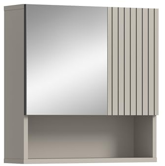 xonox.home – Spiegelschrank Mone 60x55x17 cm in Kaschmir Nachbildung – Badspiegel mit 1 Spiegeltür, 4 geschlossenen & 1 offenem Fach – Stilvolle Optik, kompakt & eine perfekte Ergänzung für Ihr Bad
