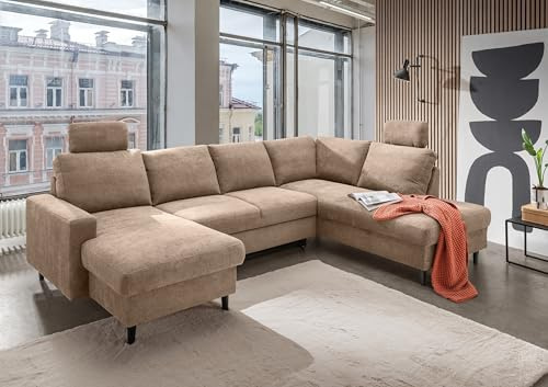 möbelando Wohnlandschaft Pris – Großzügiges U-Form Sofa mit Ausziehfunktion, Staukasten & robustem Bezug in Hellbraun – 305 cm breit, 250 cm Liegefläche – Modernes Wohnen für Familie & Gäste