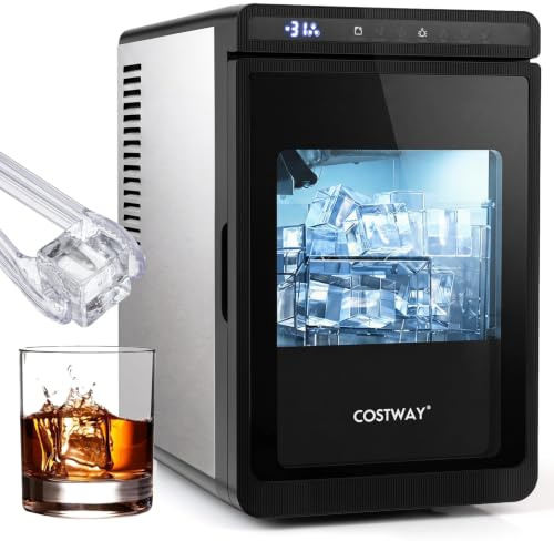 COSTWAY Eiswürfelmaschine, Eismaschine 3 Stück in 20 Minuten | mit 2 Modi, 24H Timer & Reinigungsmodus, 4 cm quadratische Eiswürfel, langsam schmelzend, für Whisky, Cocktails, Bourbon