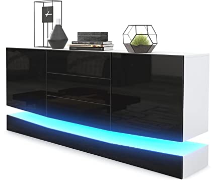 Vladon Sideboard City, Made in Germany, Weiß matt/Schwarz Hochglanz inkl. LED - Moderne Kommode für Ihr Wohnbereich (178 x 72 x 38 cm)