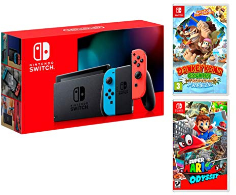 Nintendo Switch rojo/azul neón 32 GB Pack + Super Mario Odyssey + Donkey Kong: Tropical Freeze
