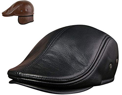 MHGLOVES Herren Leder Baseball Cap Winter Mit Ohrenklappen Beret Gatsby Flatcap Hute,Baskenmütze Flatcap Leder Schiebermütze Newsboy Caps,56-61CM (Braun),Schwarz,L