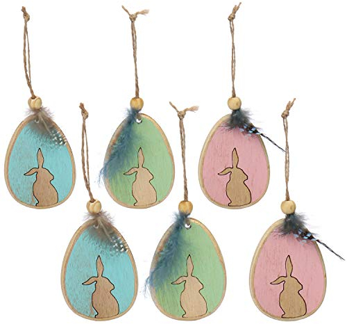 COM-FOUR® 6X Dekoaufhänger, Holz-Osterei mit Osterhase, Holzdeko zum Aufhängen an Pflanzen und Wänden, süße Osterdekoration [Auswahl variiert] (06-teilig – Aufhänger – Holz-Eier)