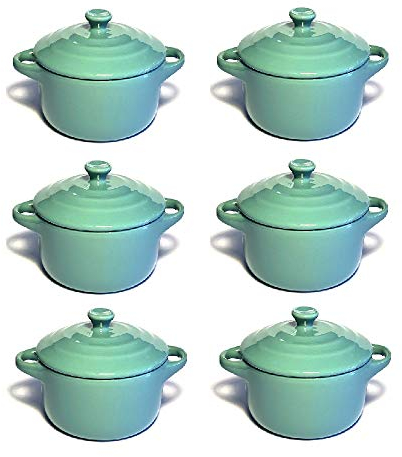 Hobby Tech Lot de 6 Mini Cocottes Bleues Turquoises Céramique Double Poignées avec Couvercle 13,5cm x 8cm Contenance Moule 200ml Ramequin Résistant Haute Température Four (Bleues Turquoise, Lot de 6)