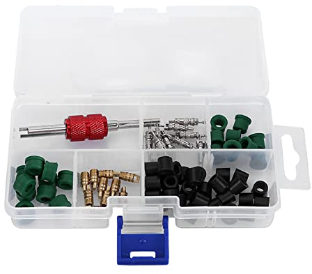 71 Stück Klimaanlage Reparatur R134a AC Schlauch Dichtungssatz Universal Klimaanlage Ladeschlauch Adapter Sortiment von Ventileinsätzen Schlauchdichtungen Ventilreparaturwerkzeug