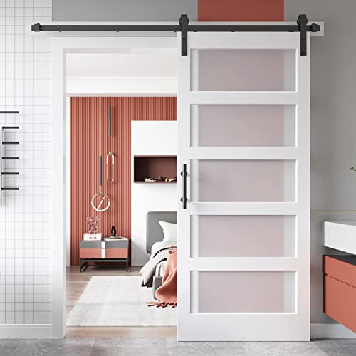 EaseLife 36in x 84in Glass Panel Sliding Barn Door with 6.6FT Sliding Door Hardware Kit Included,White