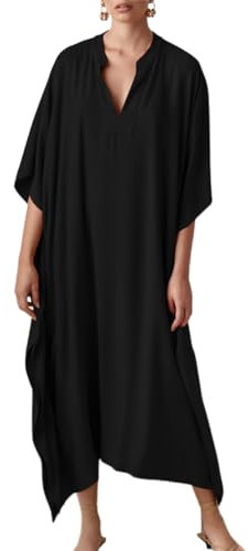 Bsubseach Women Black Silky Kaftan Dresses Batwing Sleeve Swimsuit Cover Up V Neck Caftan Maxi Dress Summer