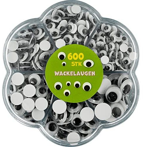 Wackelaugen A6198S600 Wackelaugeln Set 600 Stück, Verschiedene Grössen, 10,12 mm, Kulleraugen zum Basteln selbstklebend, Kunststoff, schwarz, weiss, 4,5,6,7,8,1,12 mm