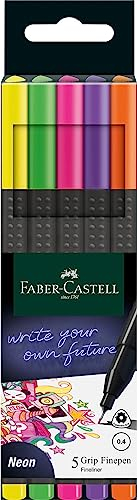 FABER-CASTELL 151603 - Grip Finepen, Fineliner, Neonfarben, mit metallgefasster Faserspitze 0.4 mm, 5er Etui