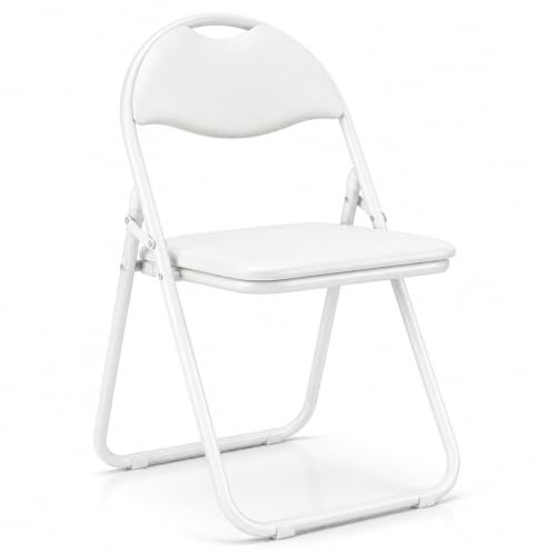SuperGift.com Folding Chair Padded Paris Faux Leather Heavy Duty Steel Metal Frame Folding Back Rest Chair for Home Garden Office Dining (White)