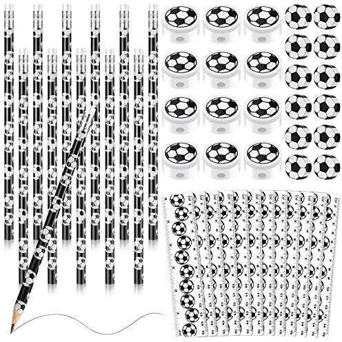 12 Stück Fußball Bleistifte 12 Stück Plastik Fußball Radiergummi 12 Stück Fußball Anspitzer 12 Stück Fußball Lineale Neuheit Fußball Partytütenfüller Kleine Lustige Radiergummis für Schulbedarf