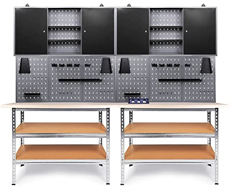 Ondis24 Werkstatteinrichtung 240 cm Werkbank Uwe, Metall, Lochwand mit Hakensortiment, 2 Werkstattschränke Arbeitshöhe 92 cm inkl. versenkbarer Steckdosenleiste (schwarz)