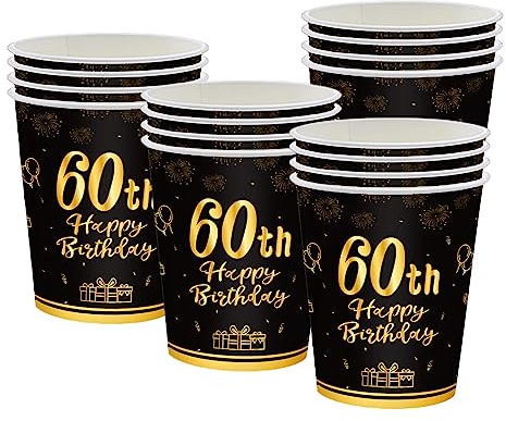POPOYU 16pcs Black and Gold Paper Cups 60th, Happy Birthday Tableware Paper Cups,Happy 60th Birthday Decorations Paper Cups for Men,Women,Him,Her 60th Birthday Gifts Party Supplies Decorations
