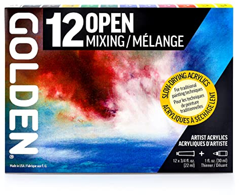 Golden Artist Colors, Acrílicos abiertos de secado lento, juego de mezcla de 12 colores, 0000925-0