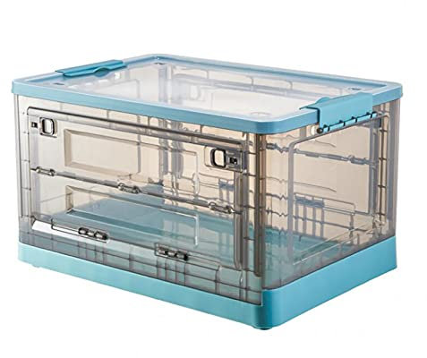 Stackable Folding Utility Crates Plastic Storage Cubes Organizer Home Garage Groceries Containers,Clear Lidded Storage Bins,Collapsible Storage Bins The Side Can be Opened-Blue 69l(19.6x14x11.4inch)