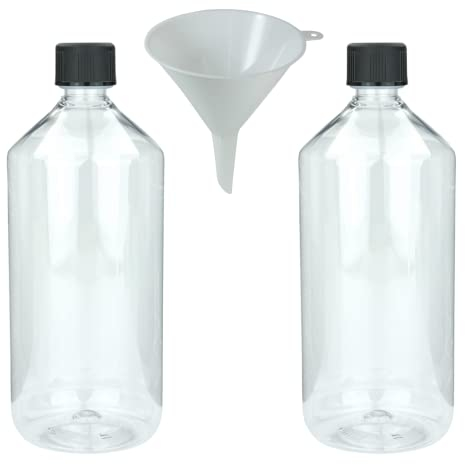 mikken 2 x Laborflasche 1000 ml aus transparentem Kunststoff (PET), Apothekerflasche, Veralflasche inkl. Einfülltrichter
