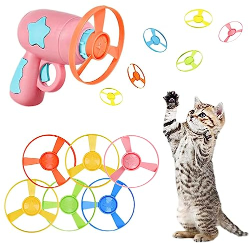 Youery Cat Fetch Toy, Haustier Spielzeug Bunte Fliegende Propeller Disc Katzenspielzeug Chasing Untertasse mit 1 Launchers und 6 Propellers Zufällige Farbe für Interactive, Training, Jagen, Schlagen