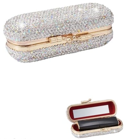Lippenstift Box mit Spiegel,Diamant verkrusteter Kristall Tragbarer Lippenstiftetui Halter,Lippenstifthalter Kosmetische Speicher Veranstalter,Verhindern Sie Lippenstift Sich öffnet und kratzt Weiß
