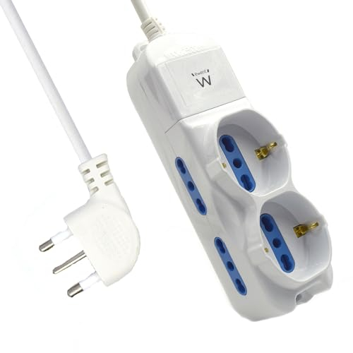 Multipresa a 6 Posti, Ciabatta Elettrica con 6 Prese (2 Italiane e Schuko/Tedesche + 4 Italiane 10A/16A) - Spina Italiana 16A - Potenza 250V/2500W - Cavo da 1,5 Metri, Prese Angolate a 45°