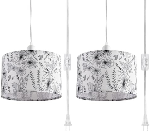 IHENGYANLT 2 Pack Plug in Pendant Light, Hanging Light with 15Ft Clear Cord, On/Off Switch, Flower Fabric Lamp Shade, Hanging Light Fixture for Bedroom, Kitchen, Living Room, Dining Table