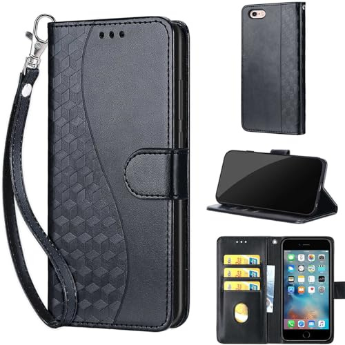 KENHONER Phone Case for iPhone 6/6s, Wave - Black | Shockproof Flip Wallet, Card Slots, Kickstand, PU Leather, Wrist Strap Lanyard