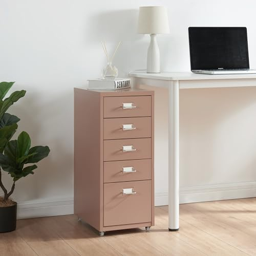 [en.casa] Rollcontainer Kökar Schubladenschrank Metall Aktenschrank mit 5 Schubladen Bürowagen mit Rollen für Arbeitszimmer 69 x 28 x 41 cm Hellbraun