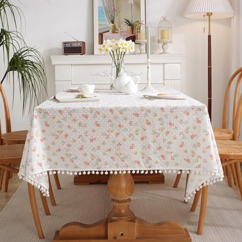 Mesnt Tischtücher Quadratisch, Baumwolle Blume Tischtuch für Esszimmer, Garten, Party, Hochzeiten oder Haushalt, Rosa, Stil 1, 140 x 140 cm
