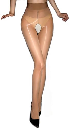 HTRUIYATY 5D Damen Strumpfhose Glänzend Öl Strumpfhosen Hohe Taille Reißfest Stützstrumpfhosen für Frauen Braun