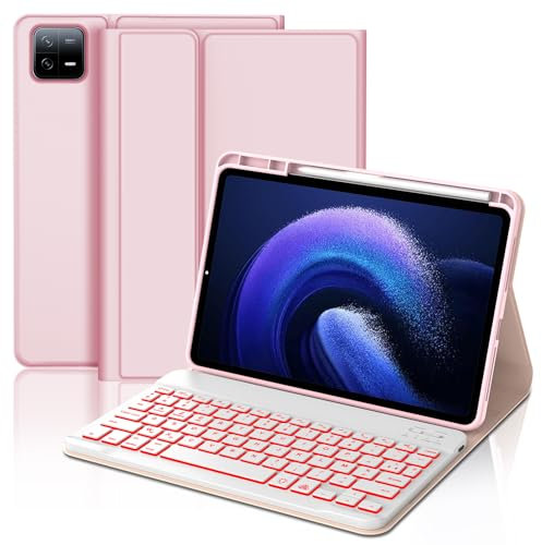 JADEMALL Coque Clavier pour Xiaomi Pad 6/6 Pro 11 Pouces 2023, AZERTY Clavier Bluetooth sans Fils Rétro-éclairé Amovible Magnétique pour Xiaomi Pad 6/6 Pro, Rose
